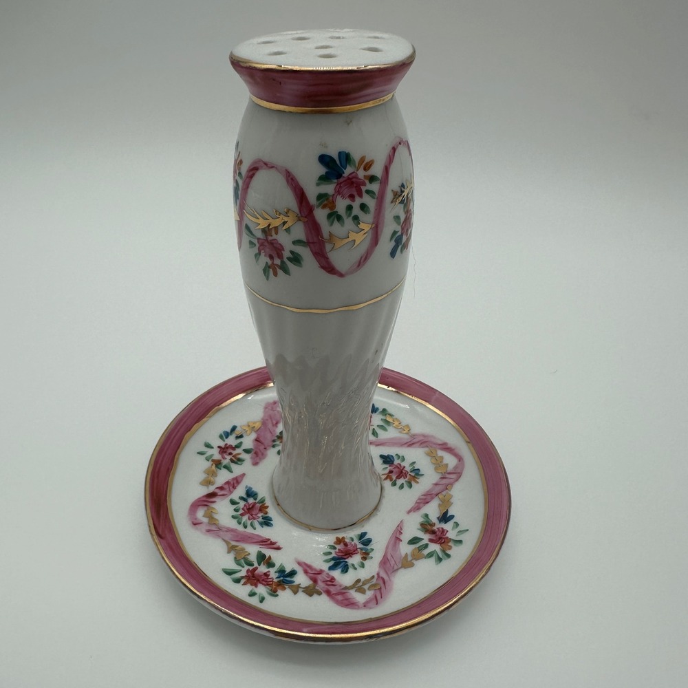 Vintage Hand Painted Porcelain Hatpin Holder Pink Ribbon Floral Gold Gilt‎ Trim
